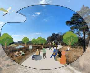 Illustratie van een natuurgebied met bomen en mensen die wandelen, muziek maken en ontspannen.