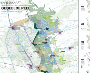 Kaart van de Gedeelde Peel met landschapsindelingen, routes en bouwstenen voor toekomstig landgebruik.
